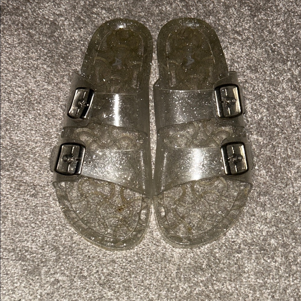 Clear Glitter Double-Buckle Slide Sandals - Women